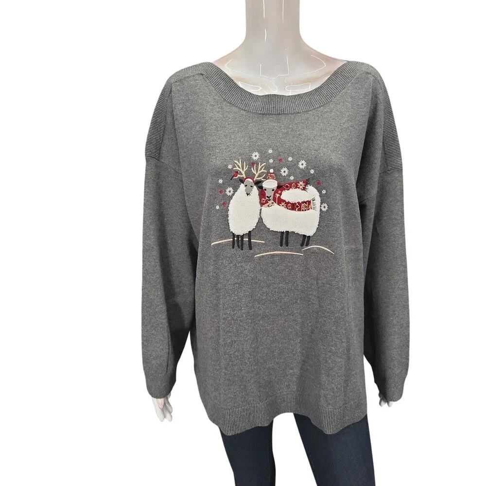 Cj Banks Womens Gray Lightweight Pullover Holiday Embroidery Plus Size 2X